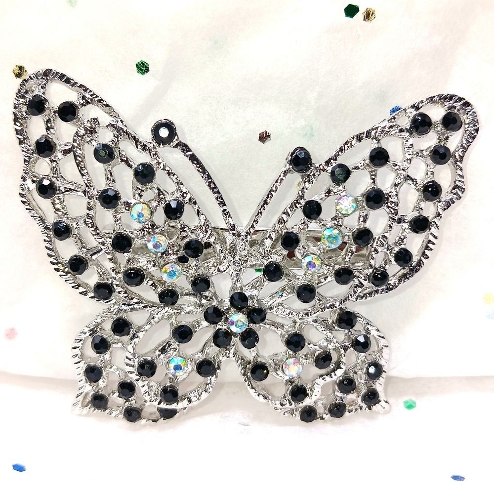 NWT SILVER TONE Black Rhinestone Butterfly Brooch Pin Crystal Jewelry Gift